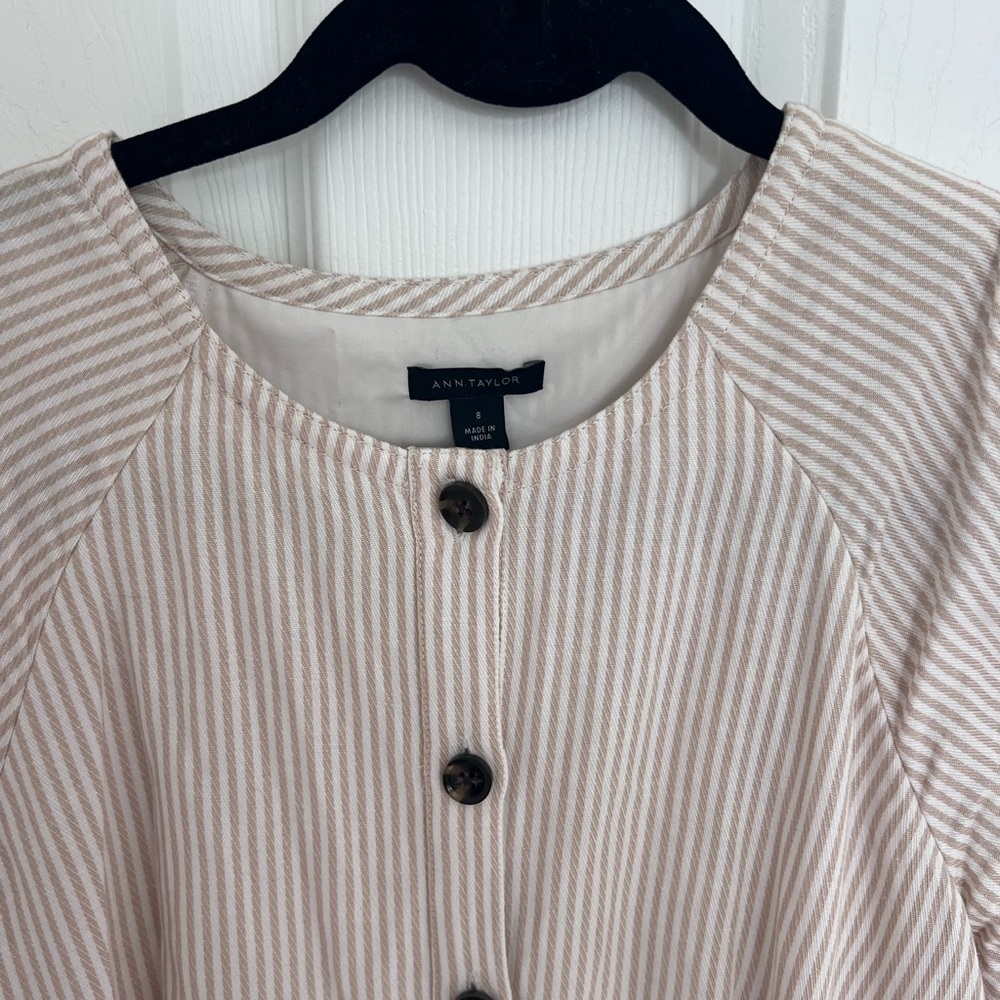 Ann Taylor Cream and Tan Striped Button-Front Midi Dress - Picture 2 of 7